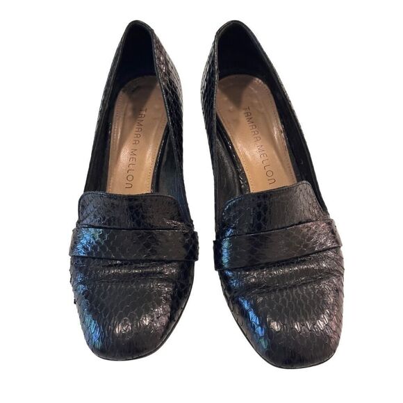 Tamara Mellon Shoes - Tamara Mellon Black Embossed Leather Block Heel Loafers Size 36 Made in Italy